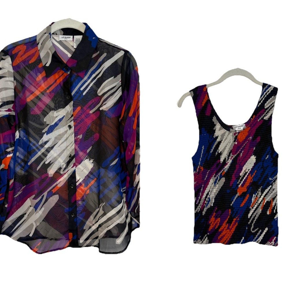 Liz Baker Vintage Button Down Blouse And Tank Top Set Petite Medium Colorful 90s